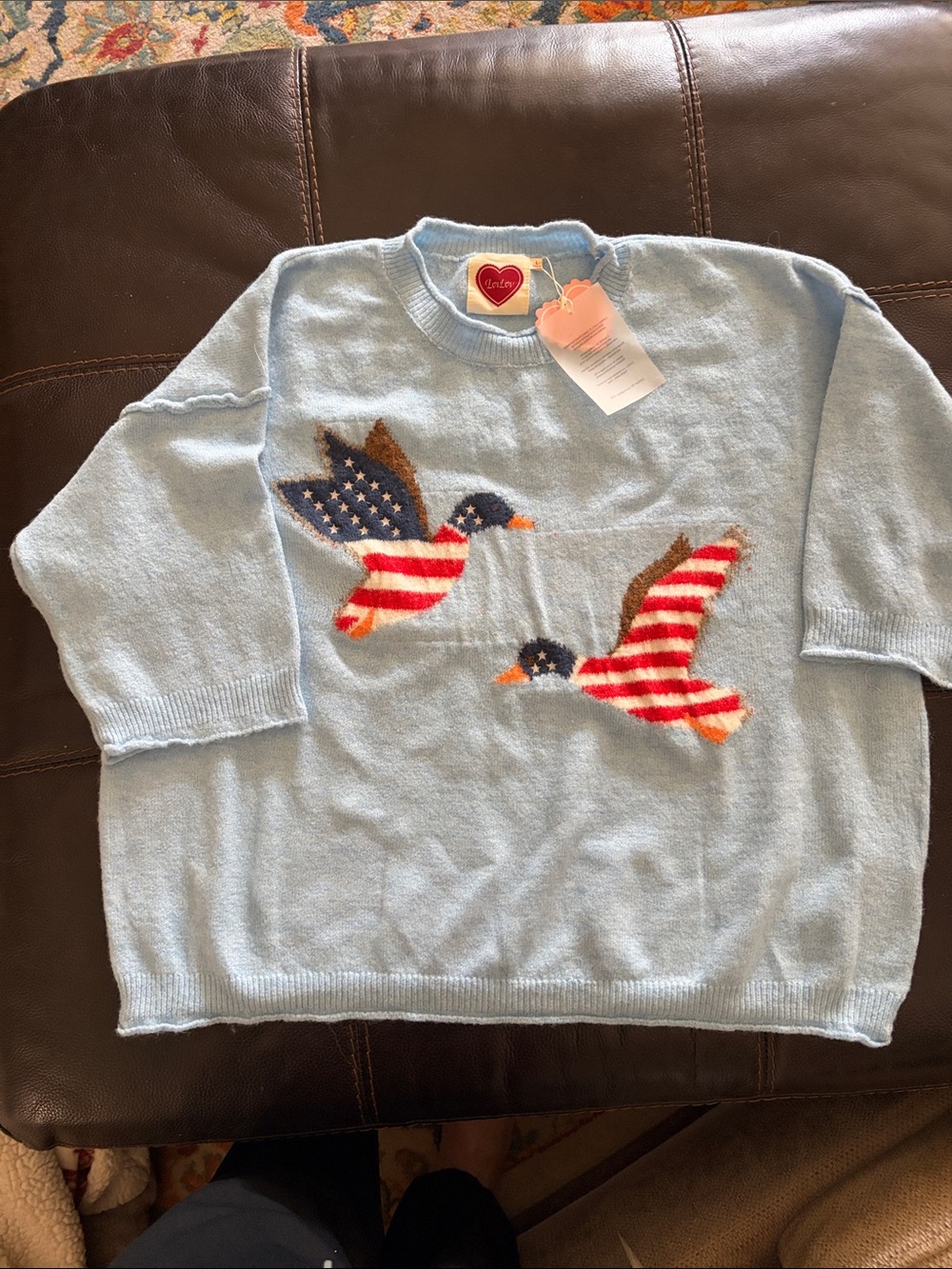Light Blue Crewneck Sweater with Patriotic Duck Motif